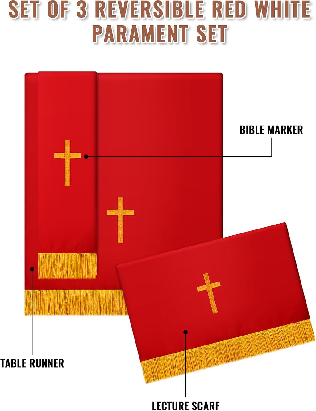 3 Set Parament Table Runner Altar Cloth Red and White