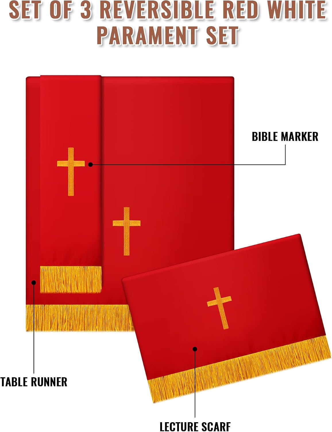 3 Set Parament Table Runner Altar Cloth Red and White