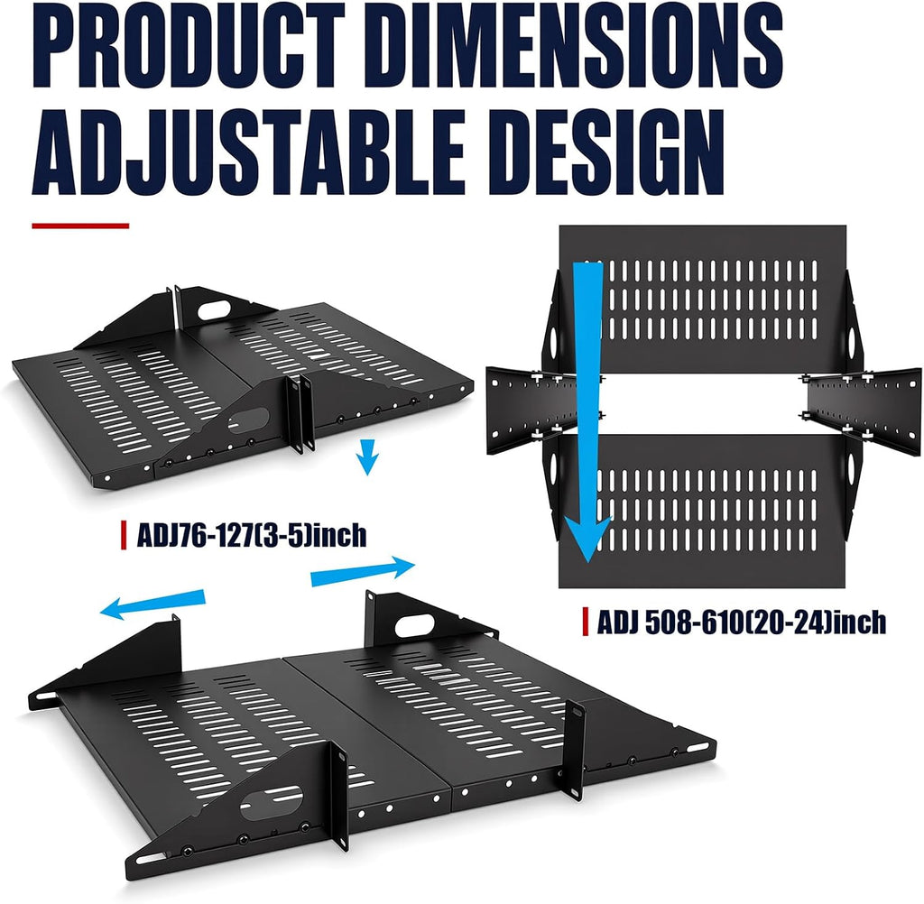 2U Cantilever Server Shelf Rack Mount 19 Inch 2 Piece Set Center Weighted Vented Tray for AV Data Network Equipment Enclosure, 110lb Capacity, 10 Inch Deep, Black(2U10InD)