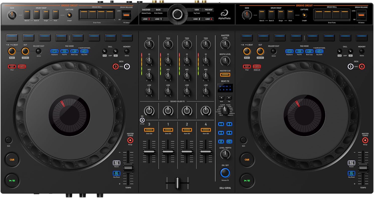 DDJ-GRV6 4-Channel DJ Controller, Groove Circuit, Black | Club-Standard Layout, Full-Size Jog Wheels, rekordbox and