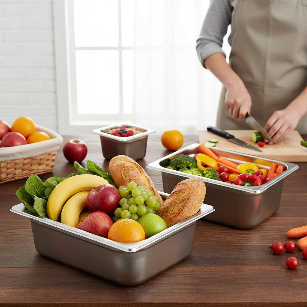 12 Set Stainless Steel Hotel Pan 1/2 1/4 1/6 Size 4 Inch Deep with Lids, Stainless Steel Steam Table Pan Commercial