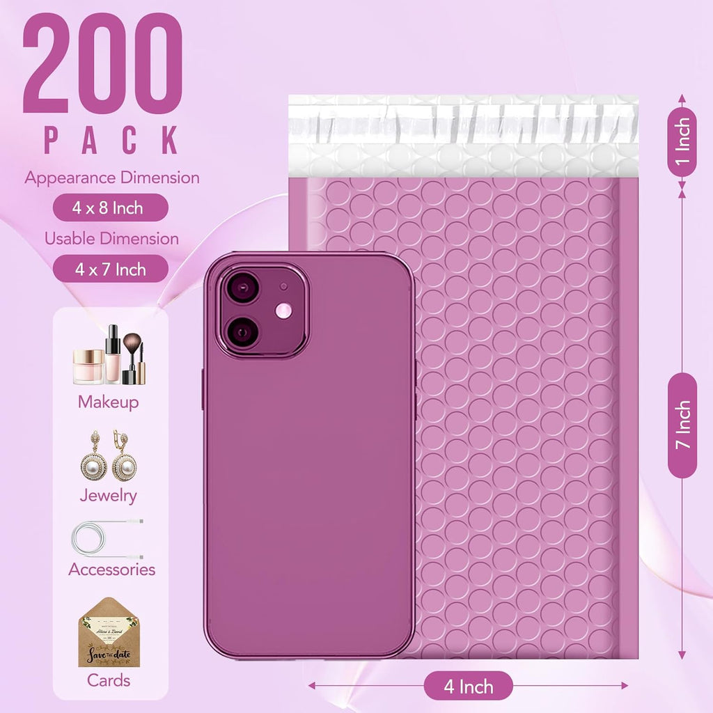 Bubble Mailers 4x8" Padded Envelopes 200 Pack Pinkish Purple