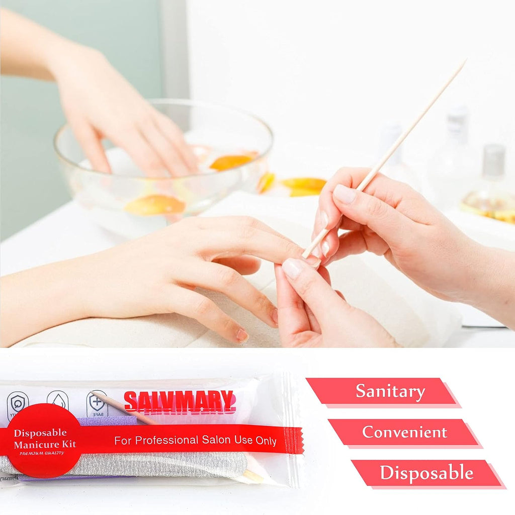 Professional Disposable Manicure Kit Basics 3 Piece Nail Kit, Wood Nail File 100/180 Grit, Mini Buffer 80/100 Grit