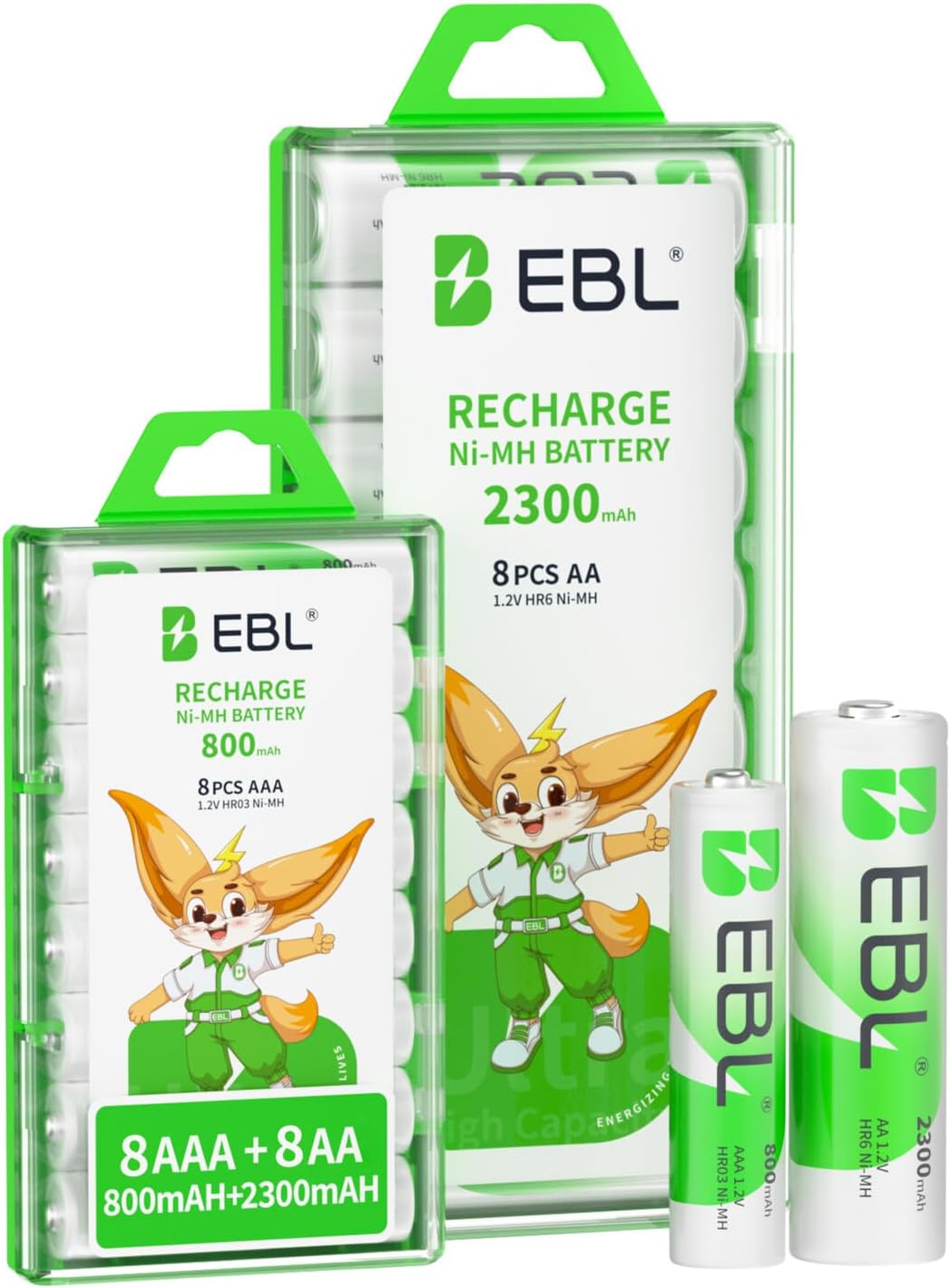 16 Sets AA AAA Batteries Combo with 8PCS AA 2300mAh & 8-Pack AAA 800mAh Rechargeable Batteries