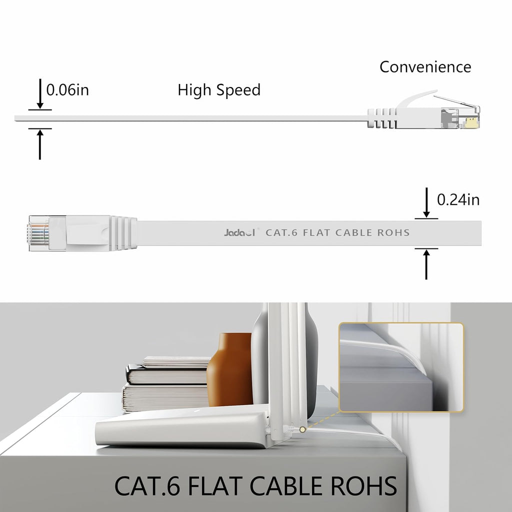 Cat6 Ethernet Cable 50FT with Clips 10Gbps Flat Network Cable, White | 1FT 3FT 5FT 10FT 15FT 20FT 25FT 30FT 35FT 60FT