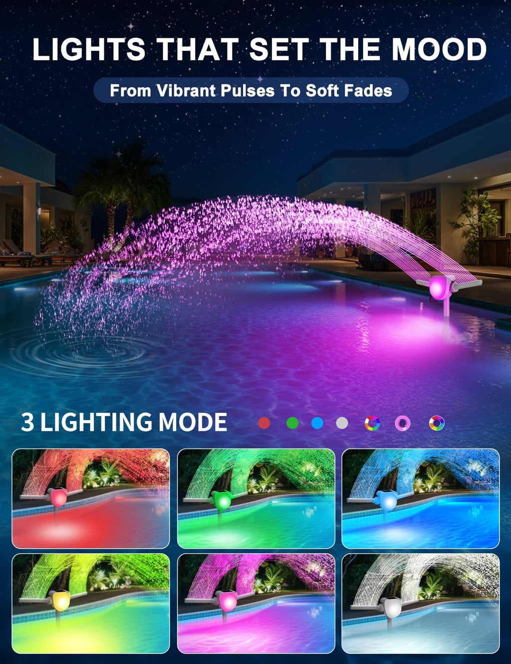 Solar Pool Fountain w/7-Color LED Lights, 2026 Dual-Head Adjustable Spray Pool Fountains for Above & Inground Pools