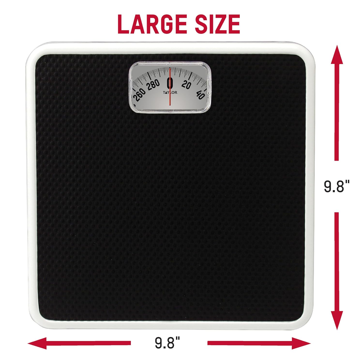 Analog Bathroom Scale for Body Weight, White with Black Mat, 300 lb Capacity in 1 lb Increments, 9.8 x 9.8 in