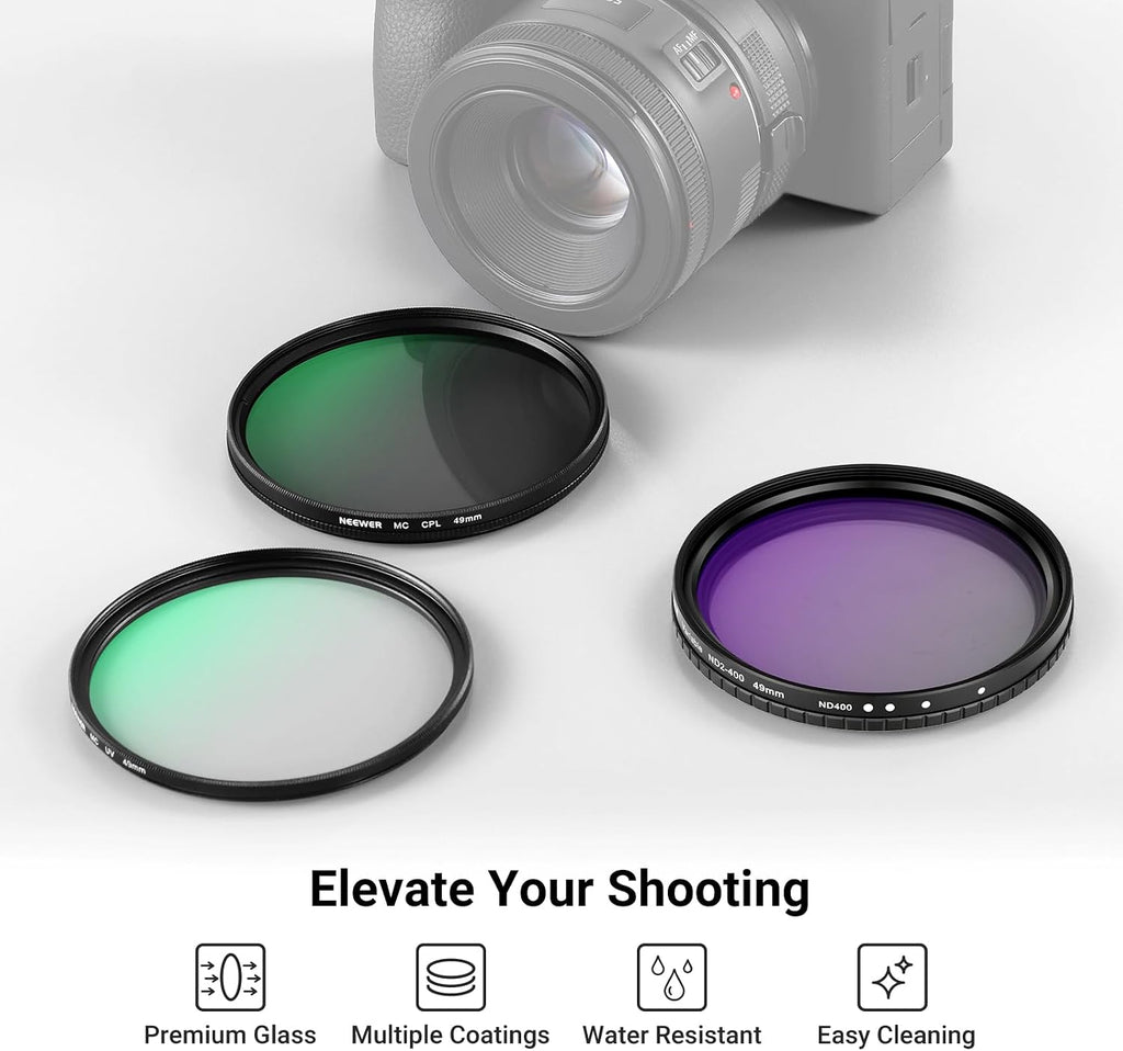 49mm Variable ND + CPL + UV Filter Kit (3 Pack), Multicoated Neutral Density (ND2-400) Circular Polarizer Camera Lens
