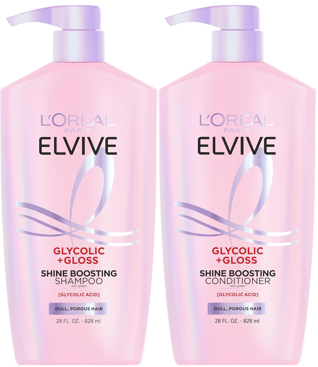 Elvive Glycolic + Gloss Shine Boosting Shampoo and Conditioner Set, Cleanses and Smooths Dull, Porous Hair Into
