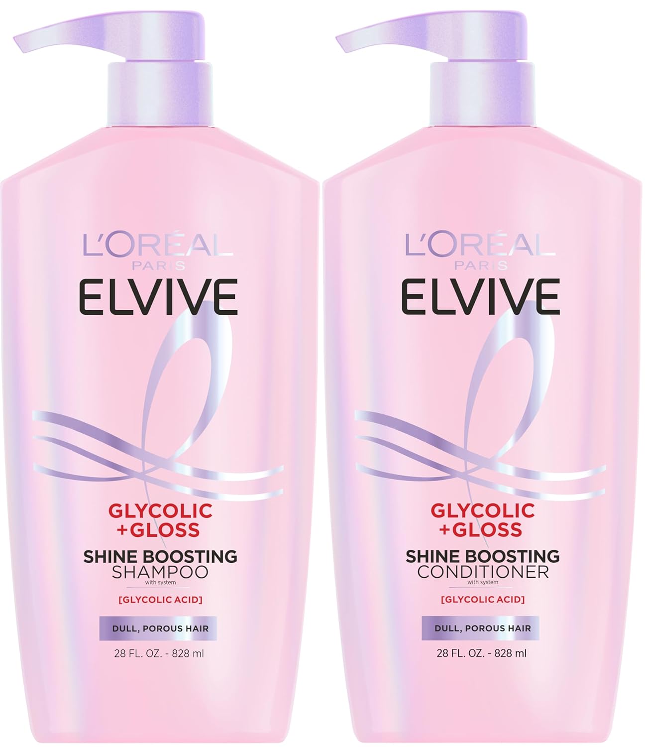 Elvive Glycolic + Gloss Shine Boosting Shampoo and Conditioner Set, Cleanses and Smooths Dull, Porous Hair Into