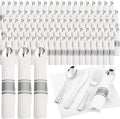 120 Pack Silver Plastic Silverware Wrapped Cutlery Set with Napkin