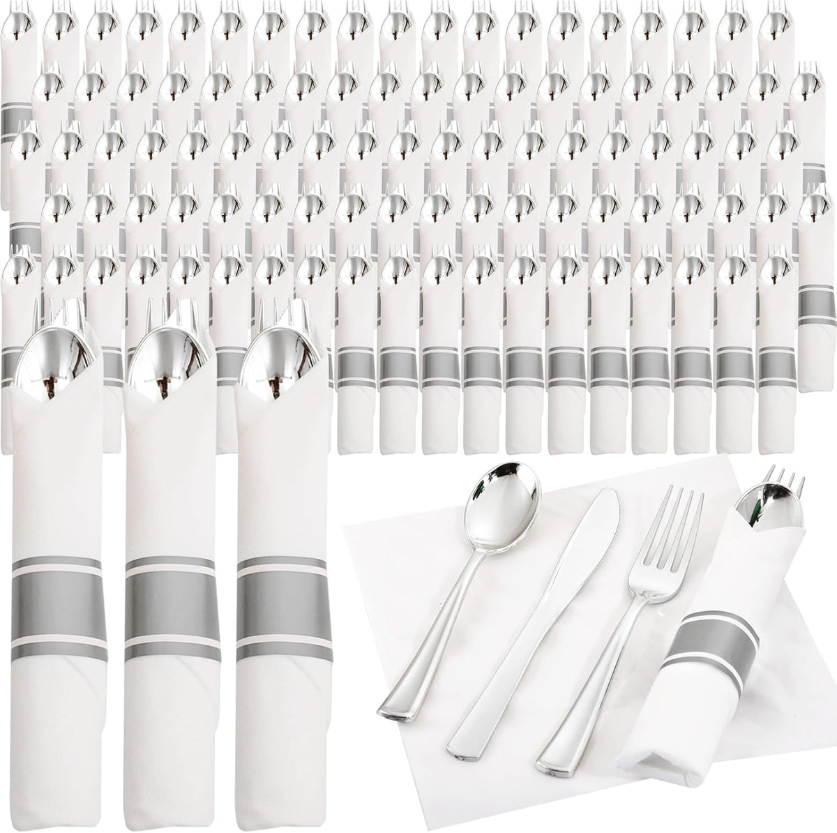 120 Pack Silver Plastic Silverware Wrapped Cutlery Set with Napkin
