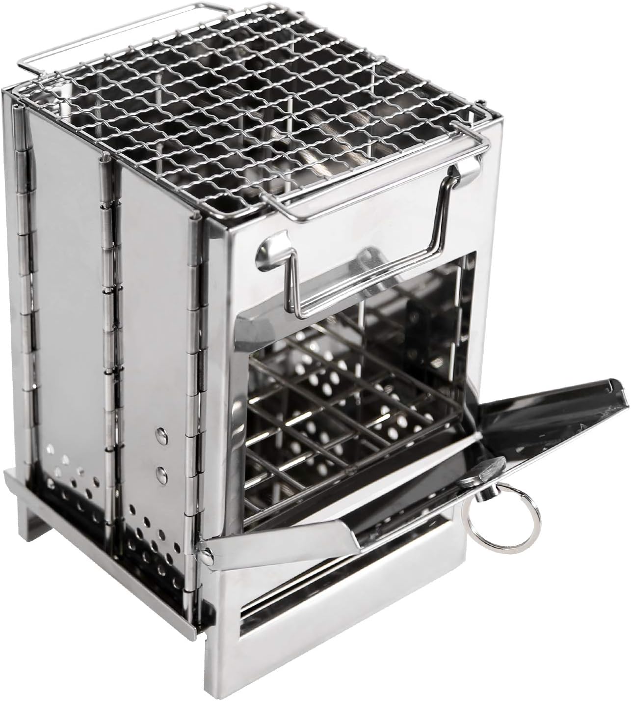 Wood Burning Folding Camp Stove Stainless Steel Grid, Portable Collapsible Backpacking Stove Survival Rocket Stove