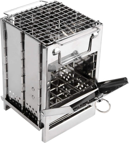 Wood Burning Folding Camp Stove Stainless Steel Grid, Portable Collapsible Backpacking Stove Survival Rocket Stove