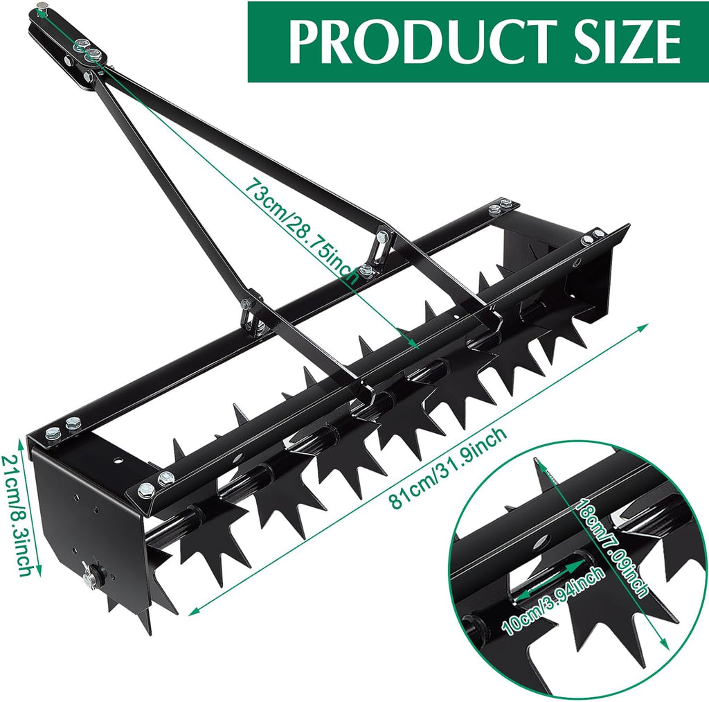 32 Inch Tow Behind Spike Aerator Soil Penetrator Spikes Tractor with Galvanized Steel Tines and Wide Tow Bar Black