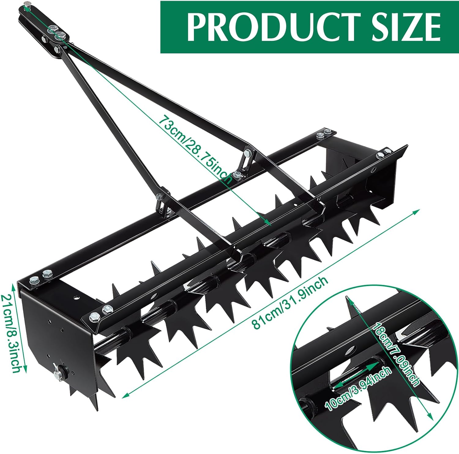 32 Inch Tow Behind Spike Aerator Soil Penetrator Spikes Tractor with Galvanized Steel Tines and Wide Tow Bar Black