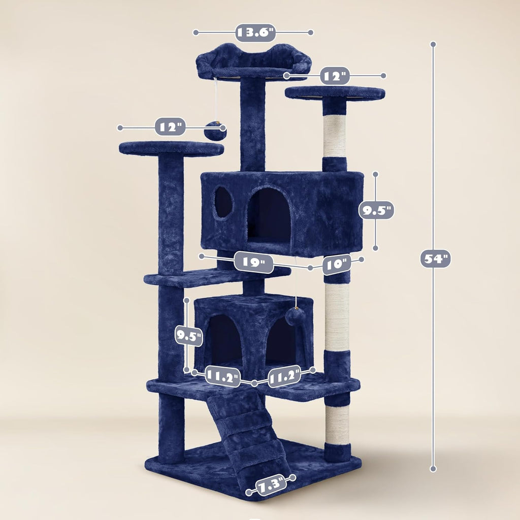 54in Cat Tree Tower, 2 Caves, Kitten-Ear Perch & Scratching Posts