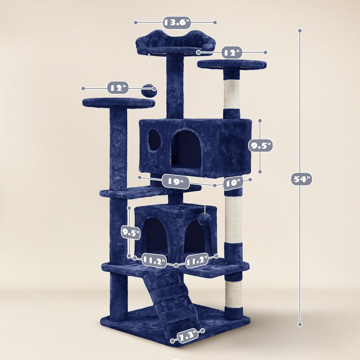 54in Cat Tree Tower, 2 Caves, Kitten-Ear Perch & Scratching Posts