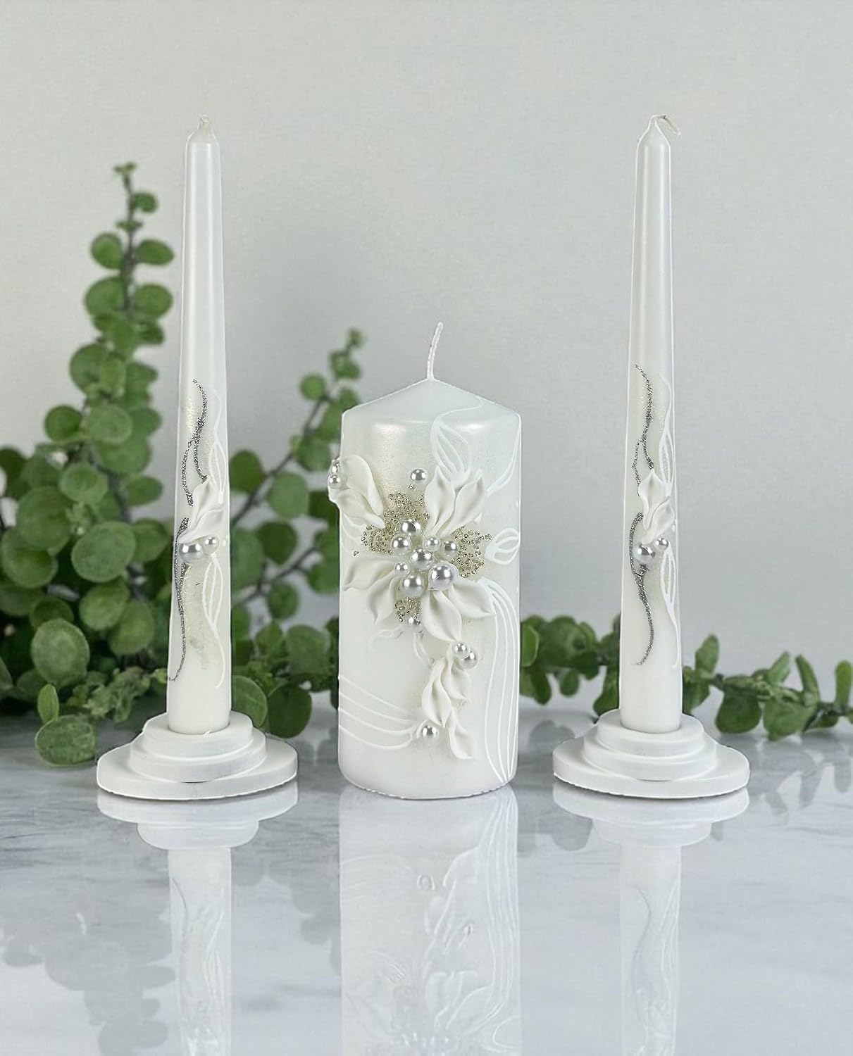 Pearl Bloom Unity Candle Set for Wedding Ceremony, Handmade White Floral Wedding Unity Candles, Unscented 6" Pillar &