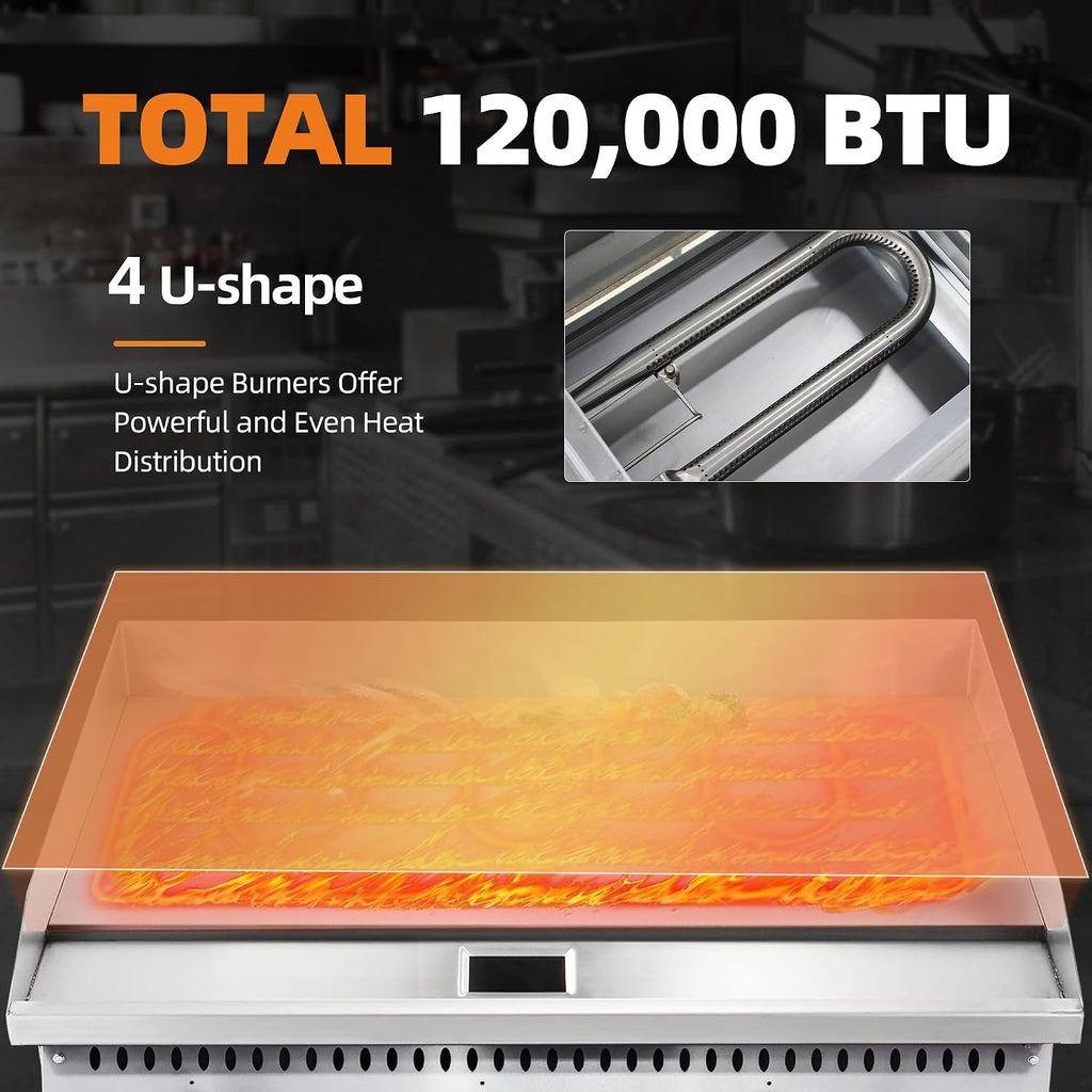 48" Commercial Countertop Griddle, 4 Burners Gas Griddle, 120000 BTU Output, Stainless Steel Flat Top Grill Hot Plate