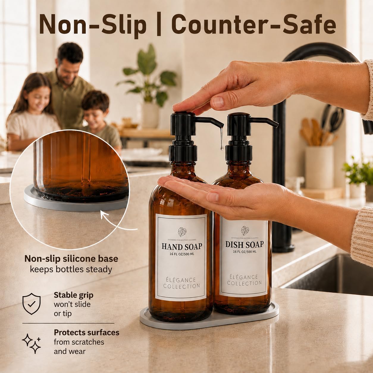 Amber Glass Soap Dispenser 2 Pack, 16 Fl Oz, 14 Waterproof Labels | Leak-Resistant Stainless Steel Pump, Non-Slip