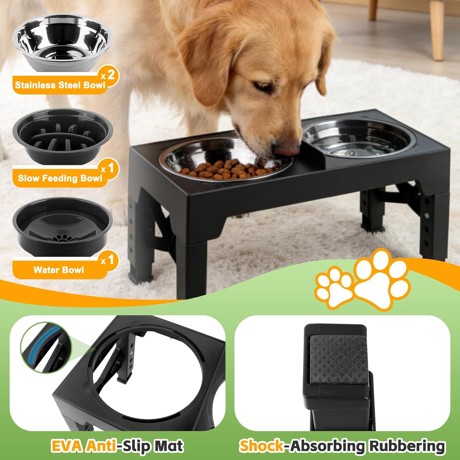 4-in-1 Dog Bowl Elevated Stand with Slow Feeder & Spill-Proof Water Bowl, 5-Height Adjustable Raised Dog Bowl for