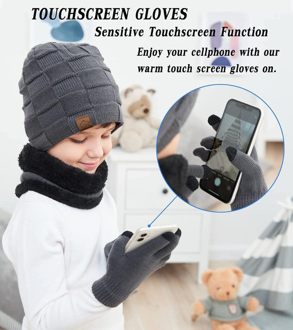 Kids Winter Beanie Hat Scarf Touchscreen Gloves Set for Boys Girls 4-15 Years Warm Skull Cap Fleece Lined Knitted Hat
