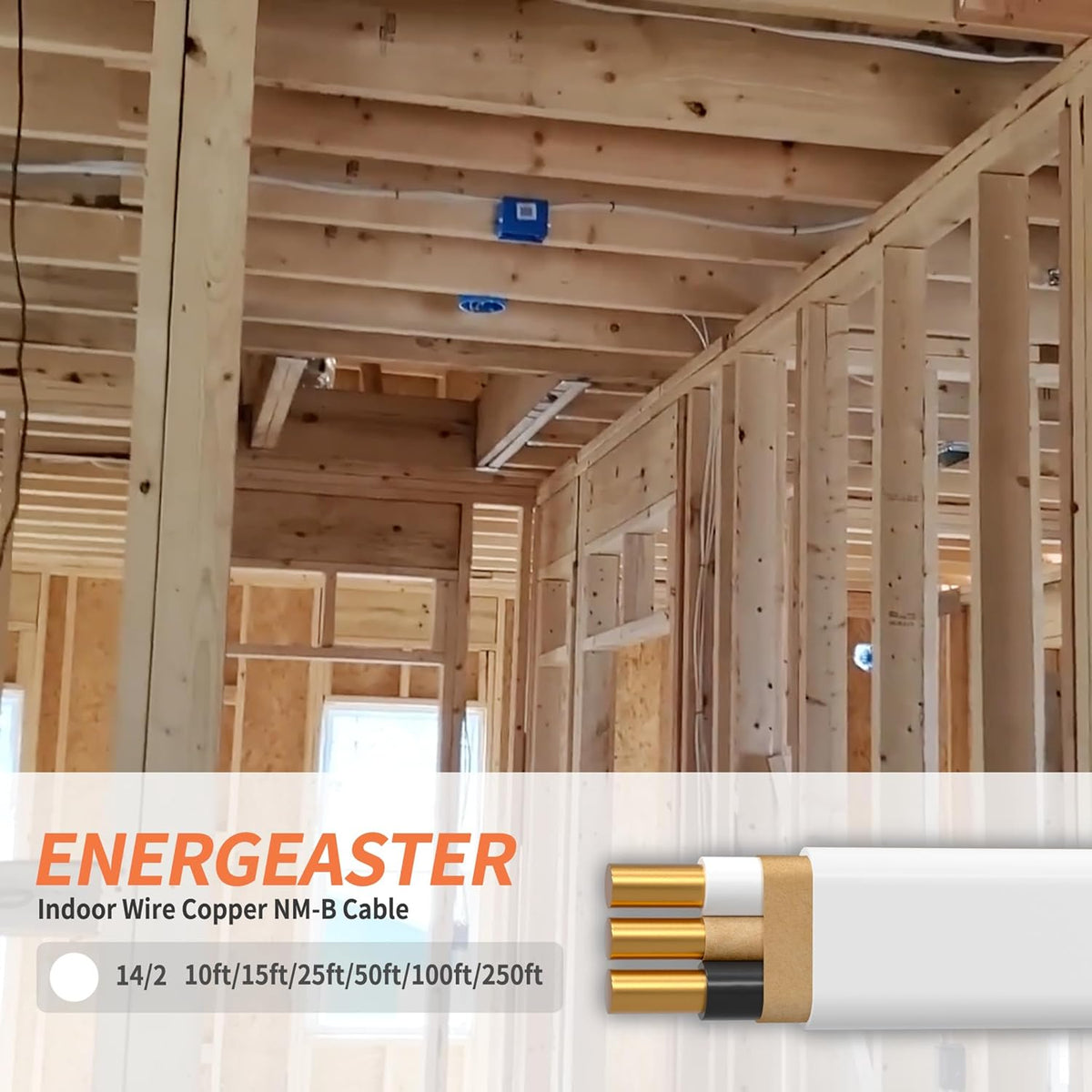 Energeaster Solid Indoor 14/2 W/G NMB Cable 25ft, Electrical Wire, White