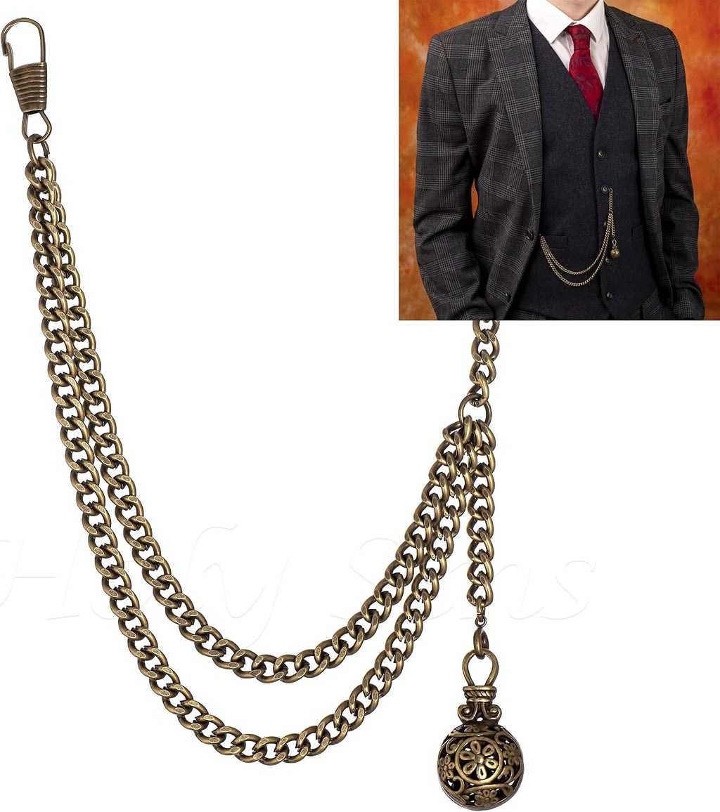 Handmade in the UK Bronze Colour Albert Pocket Watch Chain With Hollow Pendant