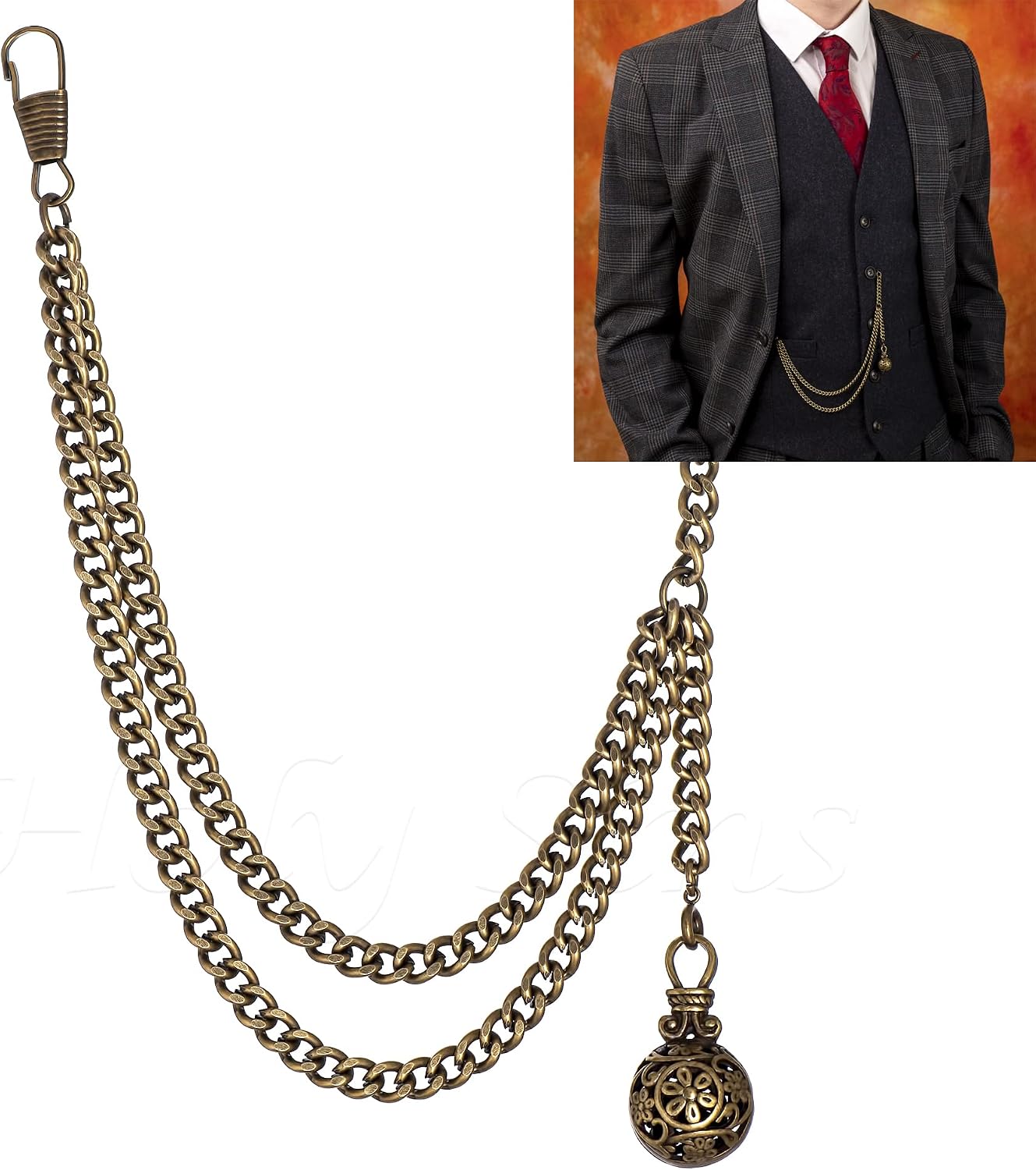 Handmade in the UK Bronze Colour Albert Pocket Watch Chain With Hollow Pendant