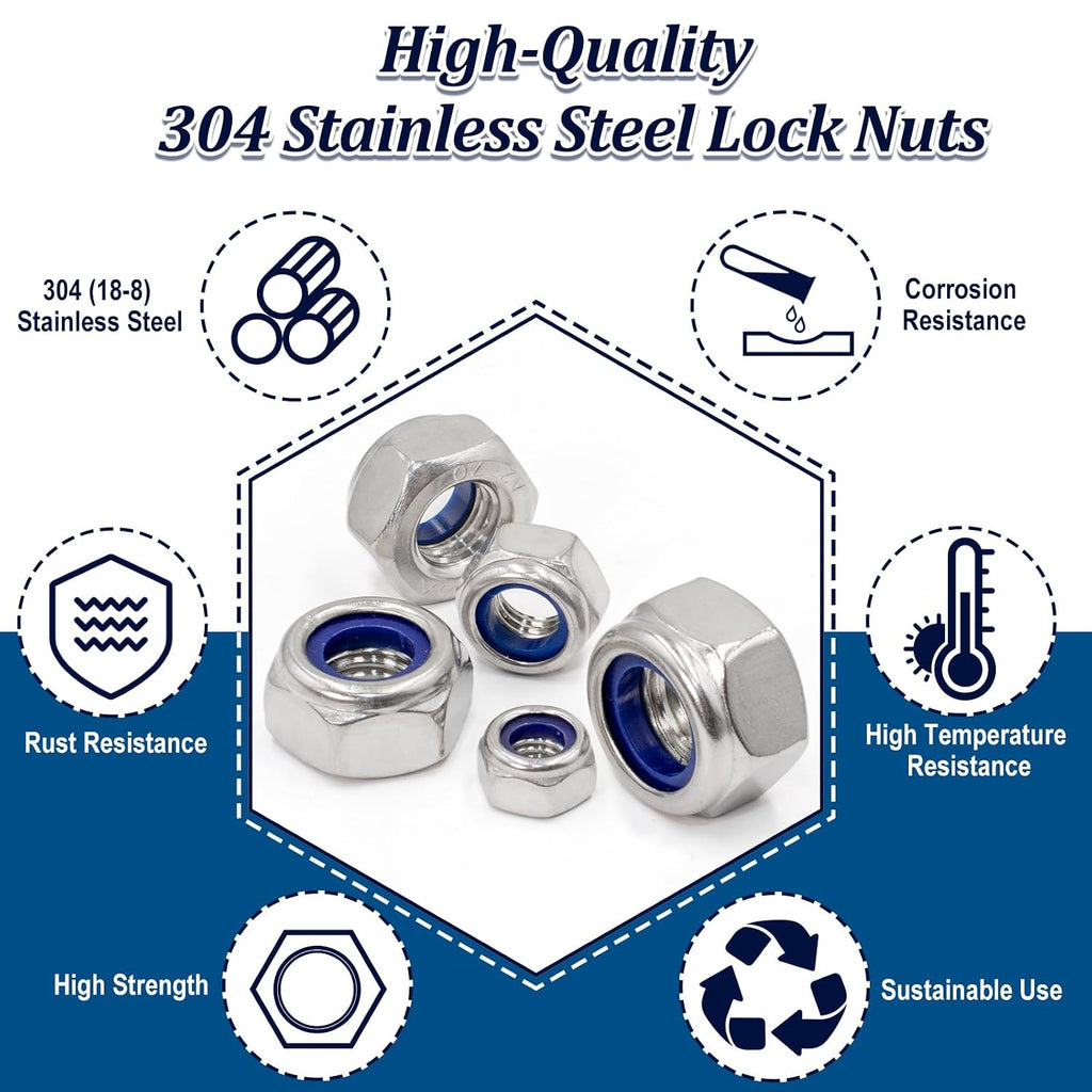 ZQZ 140 Pcs Metric Stainless Nylon Lock Nuts Assortment Kit; M3-M12 Locknut
