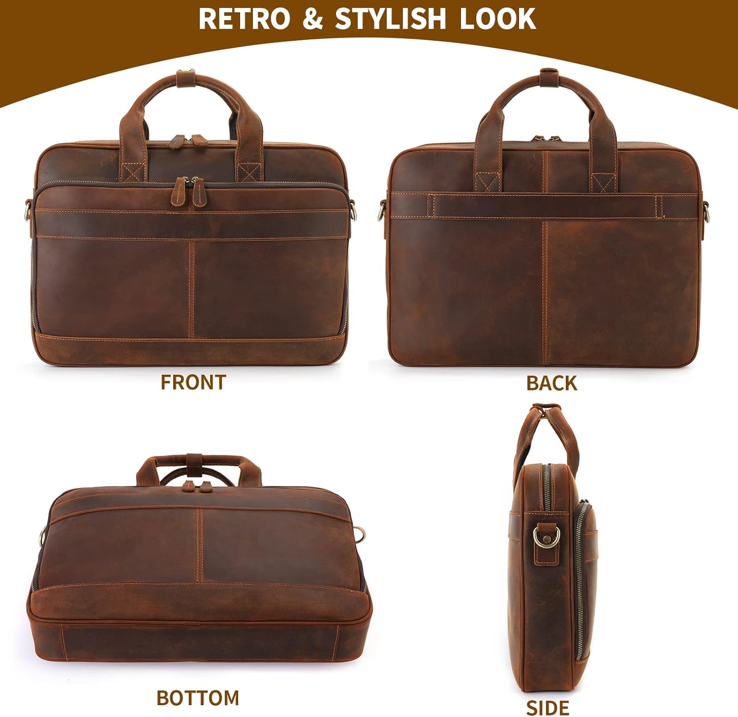 Full Grain Leather Briefcase for Men, Business Messenger Bag Laptop Bag Attache Case, Fits 15.6 Inch Laptop