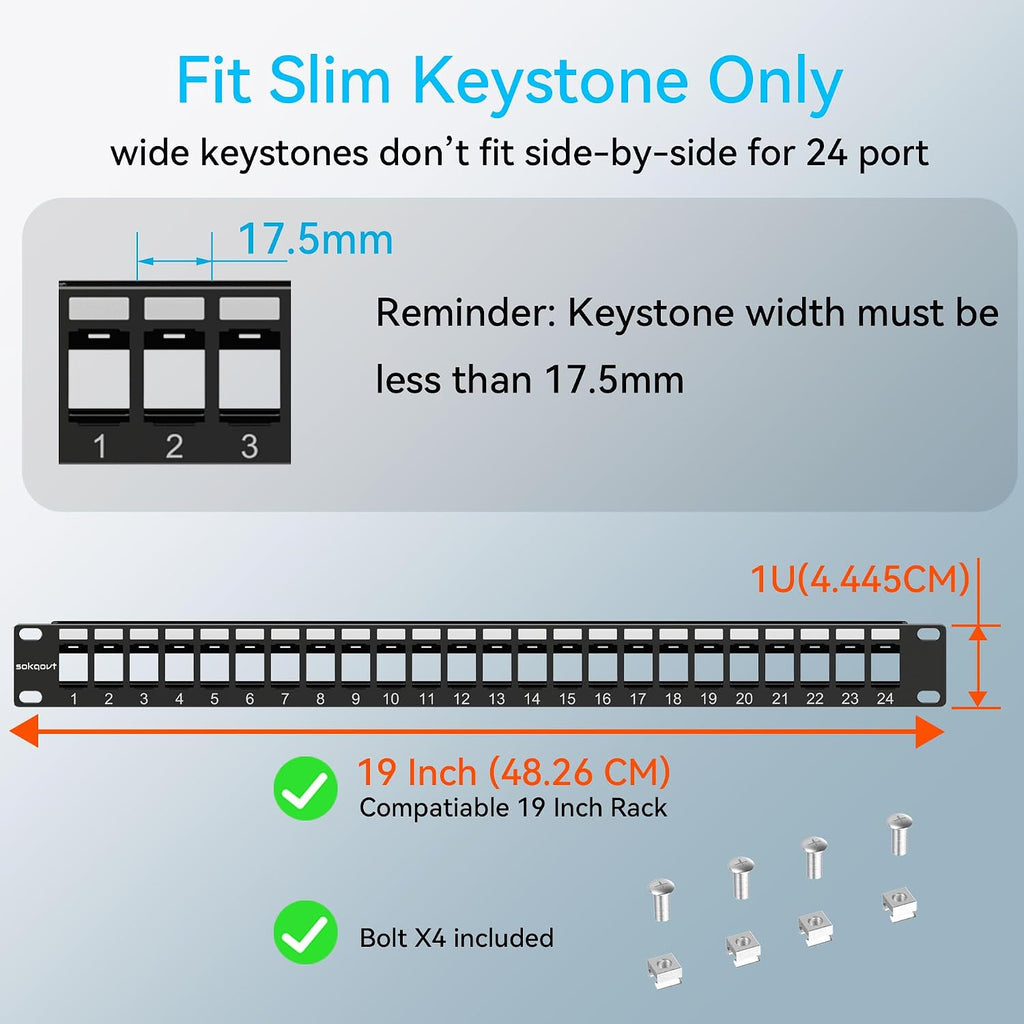 Sokqovt 24 Port Blank Keystone Patch Panel with Snap-in Design (4 Pack), Cat6 Network Patch Panel 1U 19 inch, Rack Mount Ethernet Patch Panel (for Slim Keystone Only)