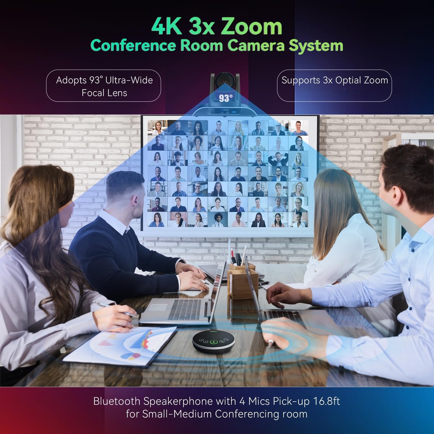 4K Conference Room Camera System AI Auto-Tracking 4K PTZ Camera 3X Optical Zoom 93° Wide Angle USB3.0 HDMI Output and