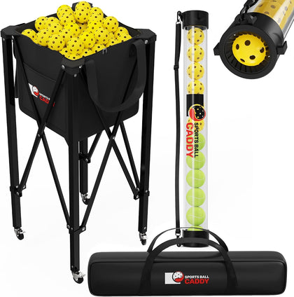 [2-in-1 Set] Tennis & Pickleball Hopper with Pickup Tube – Pickleball Caddy with Collapsible Metal Frame Ball Basket