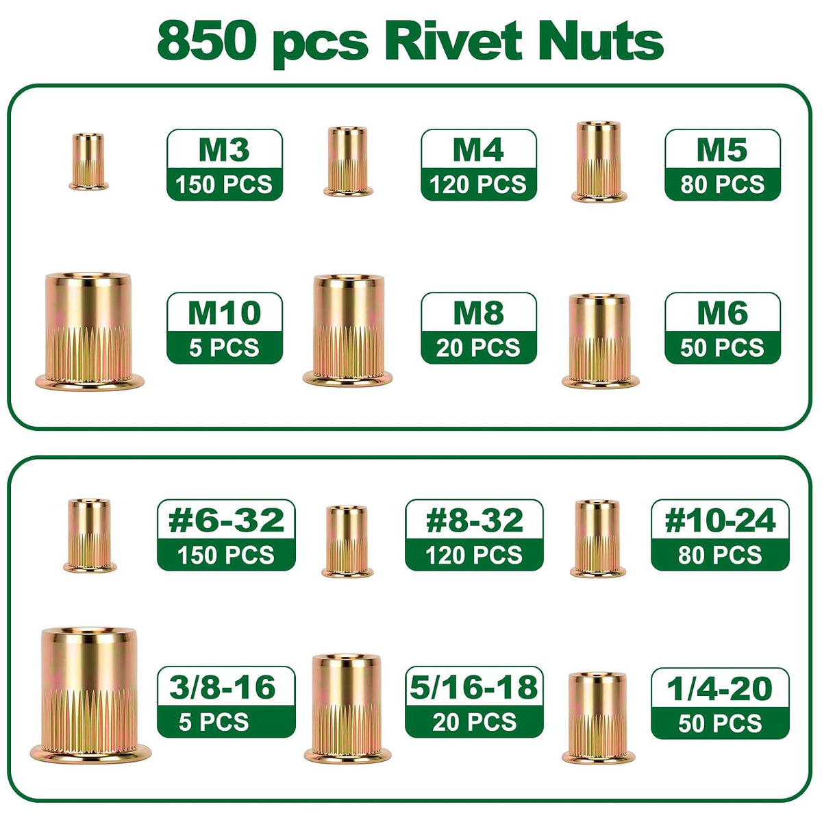 850 Pcs SAE & Metric Rivet Nut Kit, Flat Head Threaded Inserts