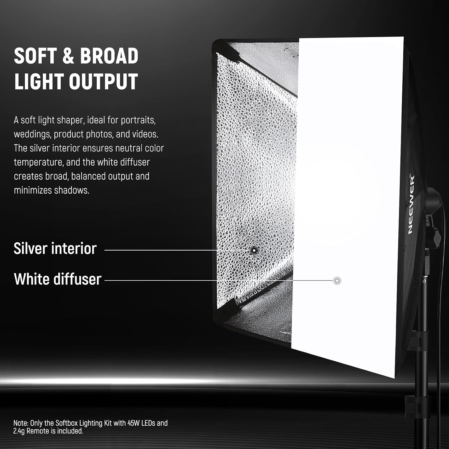 2Pcs 24"x24" 900W Equivalent Softbox Lighting Kit with Tripod Stands, 45W Bi Color 2.4G LED Bulbs, Remote, 10
