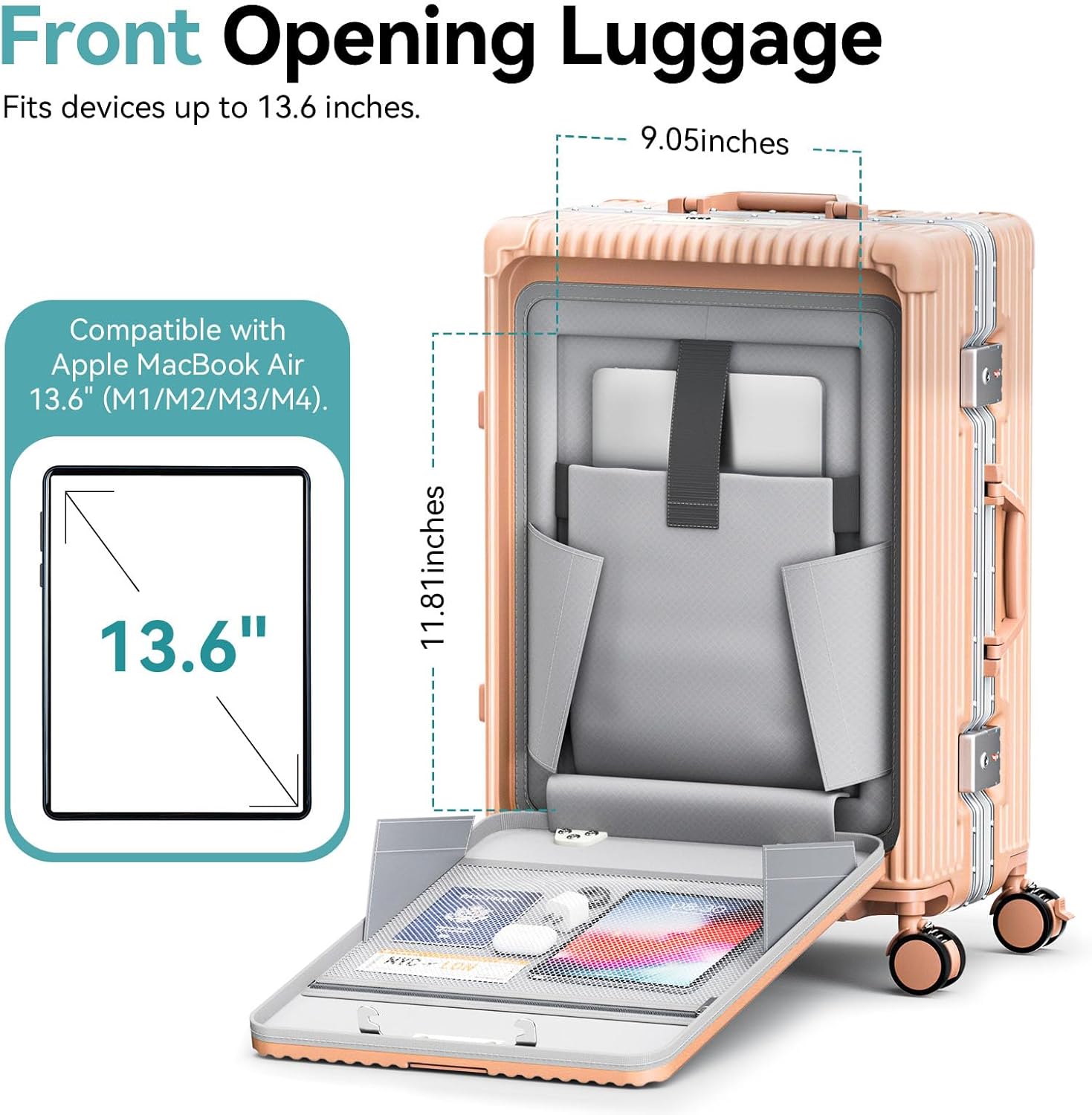 20 Inch Carry On Luggage with Front Pocket, Aluminum Frame Hardside Carry On Suitcase Airline Approved, Zipperless