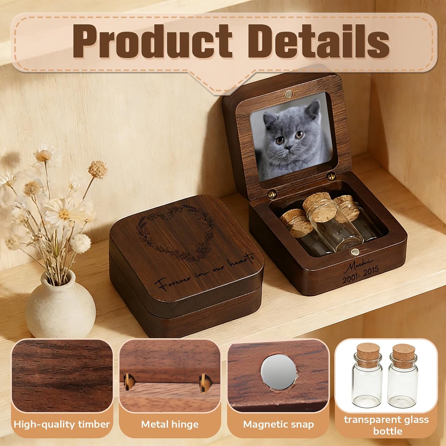 Personalized Wooden Small Urn for Dog Cat with Text & Photo Mini Pet Urn