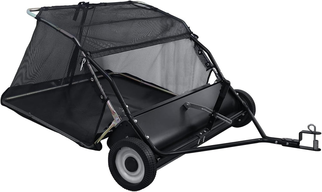 Pull Behind Lawn Sweeper with Dumping Rope, 44” Tow Behind Leaf Collector, Adjustable Height Yard Sweeper with Large
