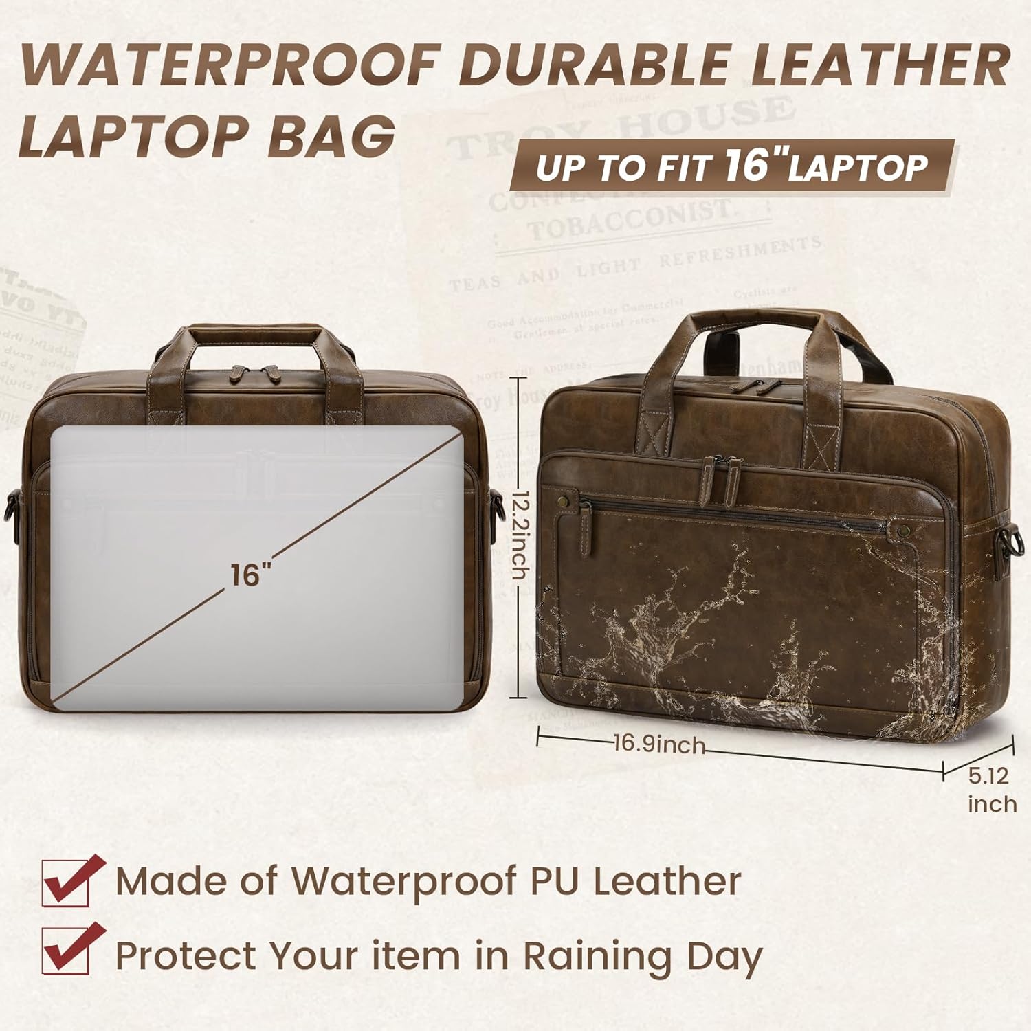 Mens Laptop Bag 16 Inch Leather Briefcase Vintage Messenger Bag for Men Large Crossbody Shoulder Office Computer Bag
