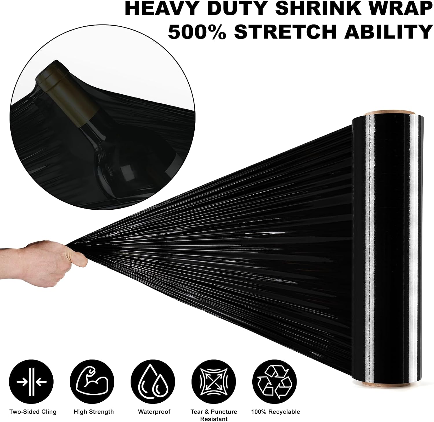 2 Rolls Black Stretch Wrap 18" x 1000FT x 80 Gauge Heavy Duty Film | Heavy Duty Black Stretch Wrap with Holder, 80