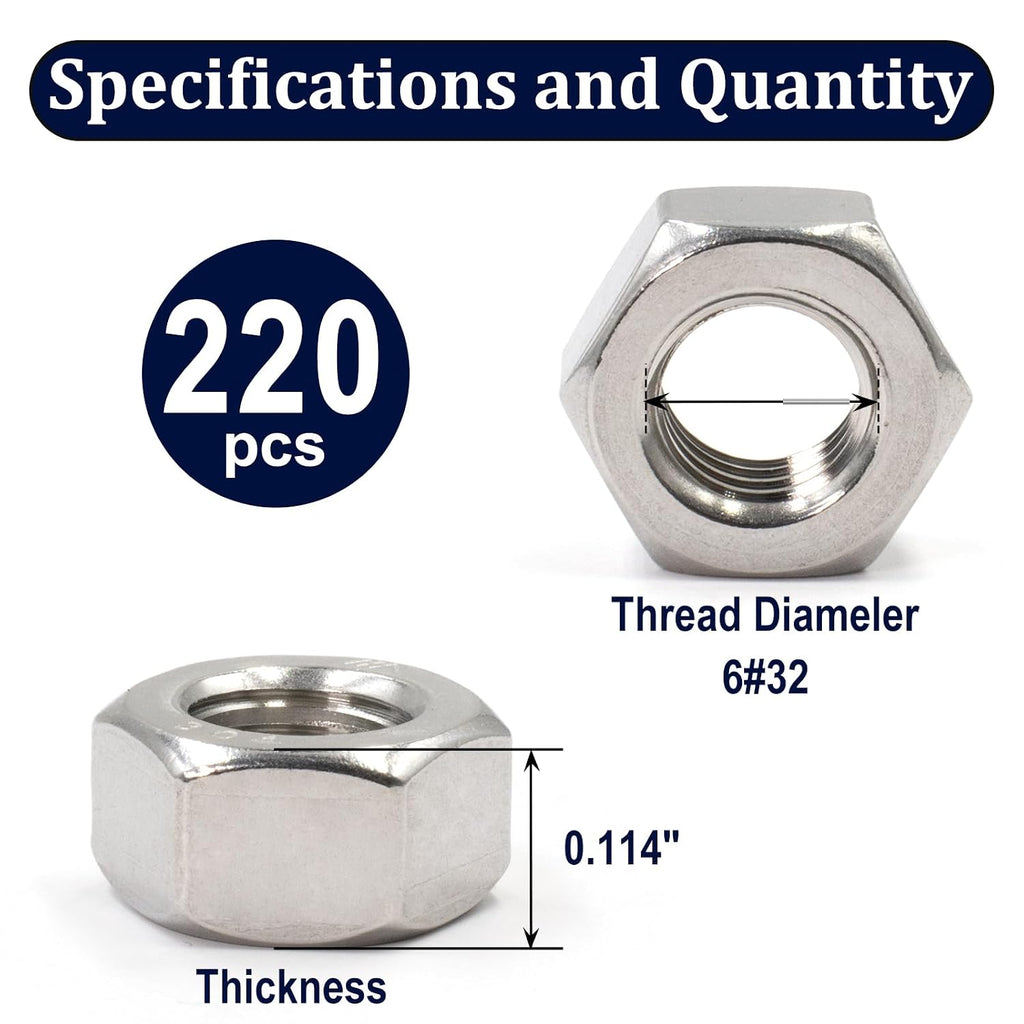 ZQZ #6-32 Hex Nuts,220PCS Stainless Steel Hardware Nut 304 ss Threaded Nut