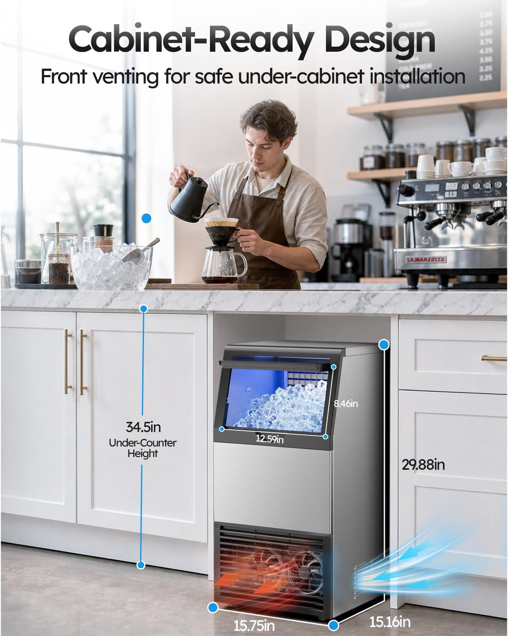 Commercial Ice Maker Machine, 100lbs/24H with 18-33lbs Ice Storage