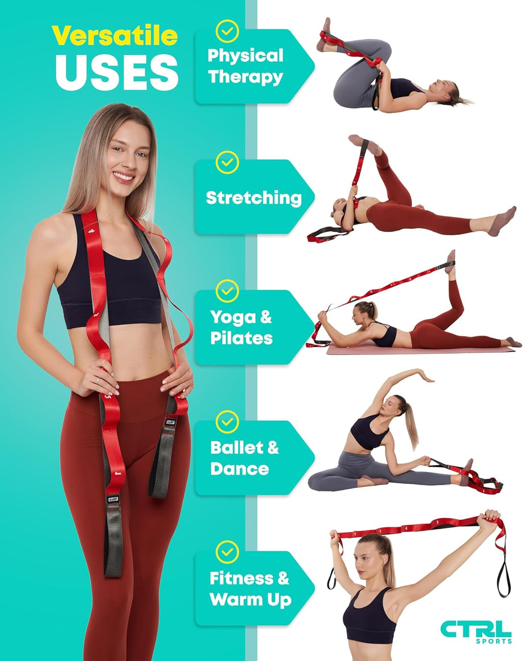 Stretching Strap with Loops, Non Elastic Stretch Band for Physical Therapy