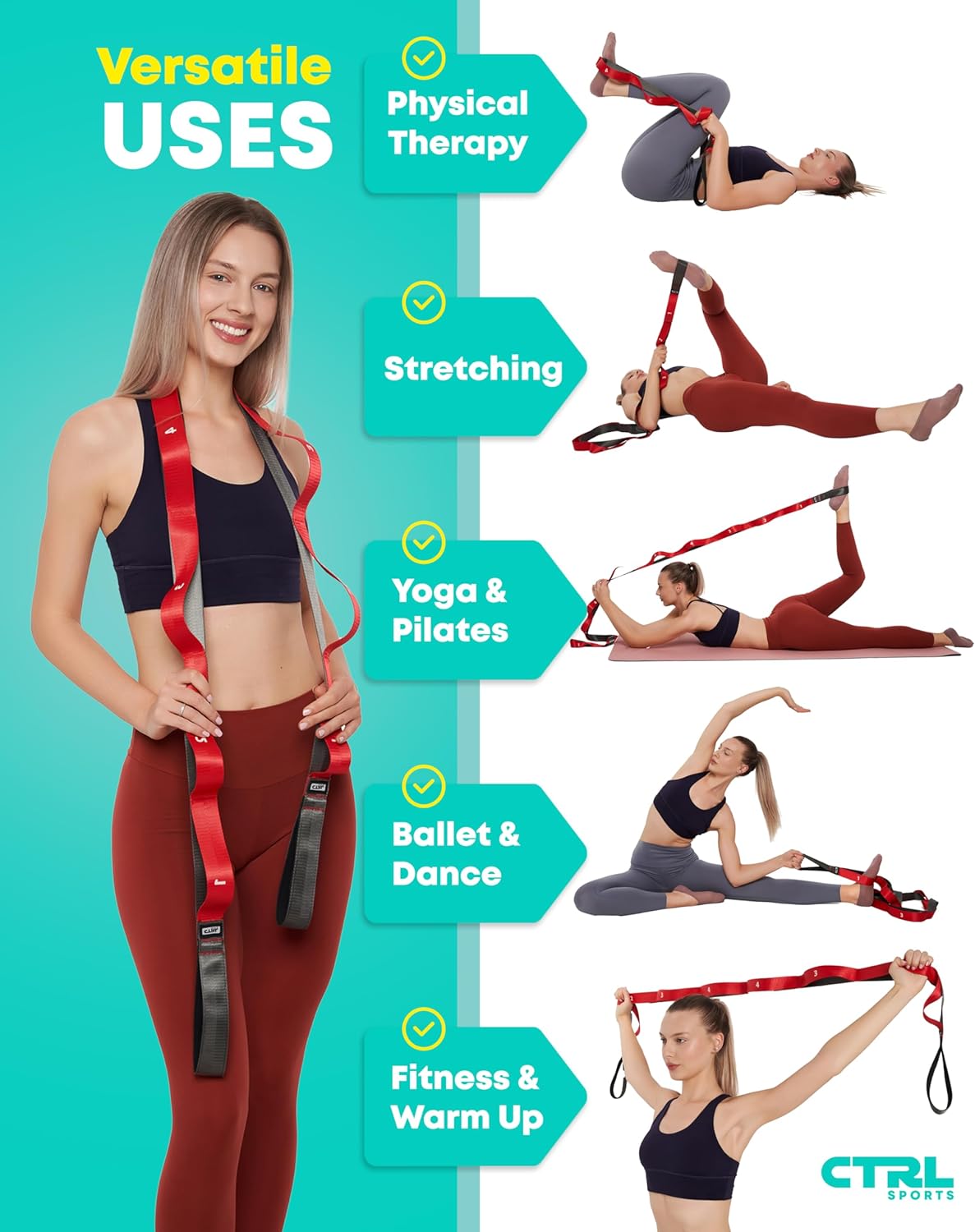 Stretching Strap with Loops, Non Elastic Stretch Band for Physical Therapy