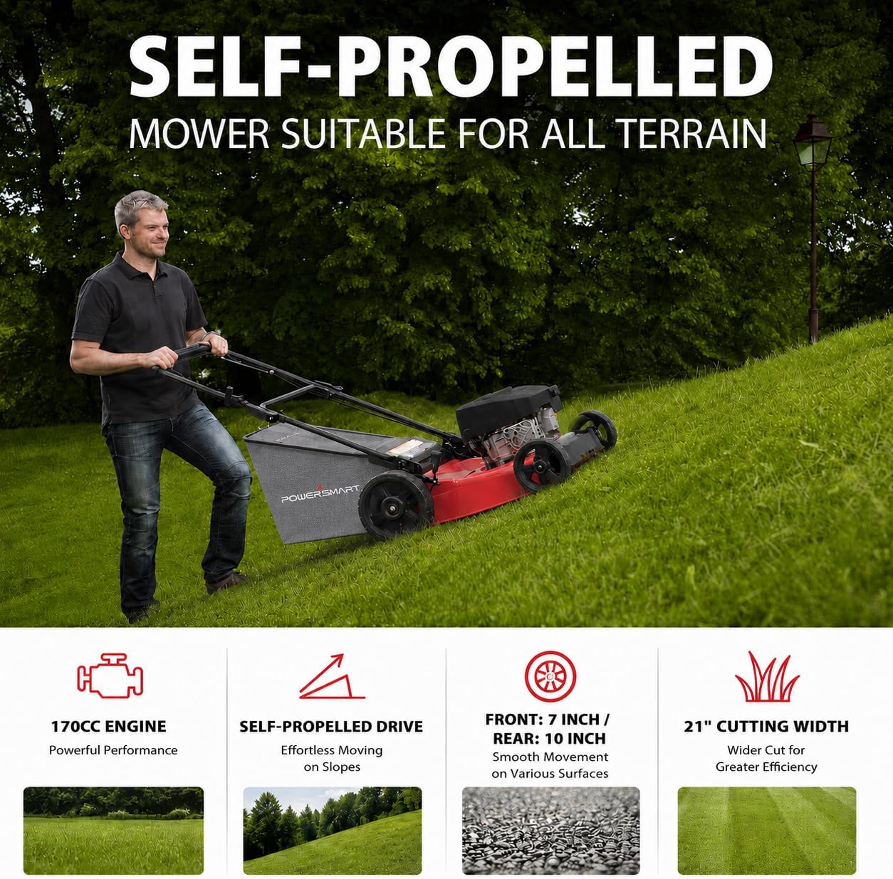 21" Gas Self-Propelled Lawn Mower for Hills & Medium Yards | 170cc OHV | 3-in-1 Mulching/Bagging/Discharge |