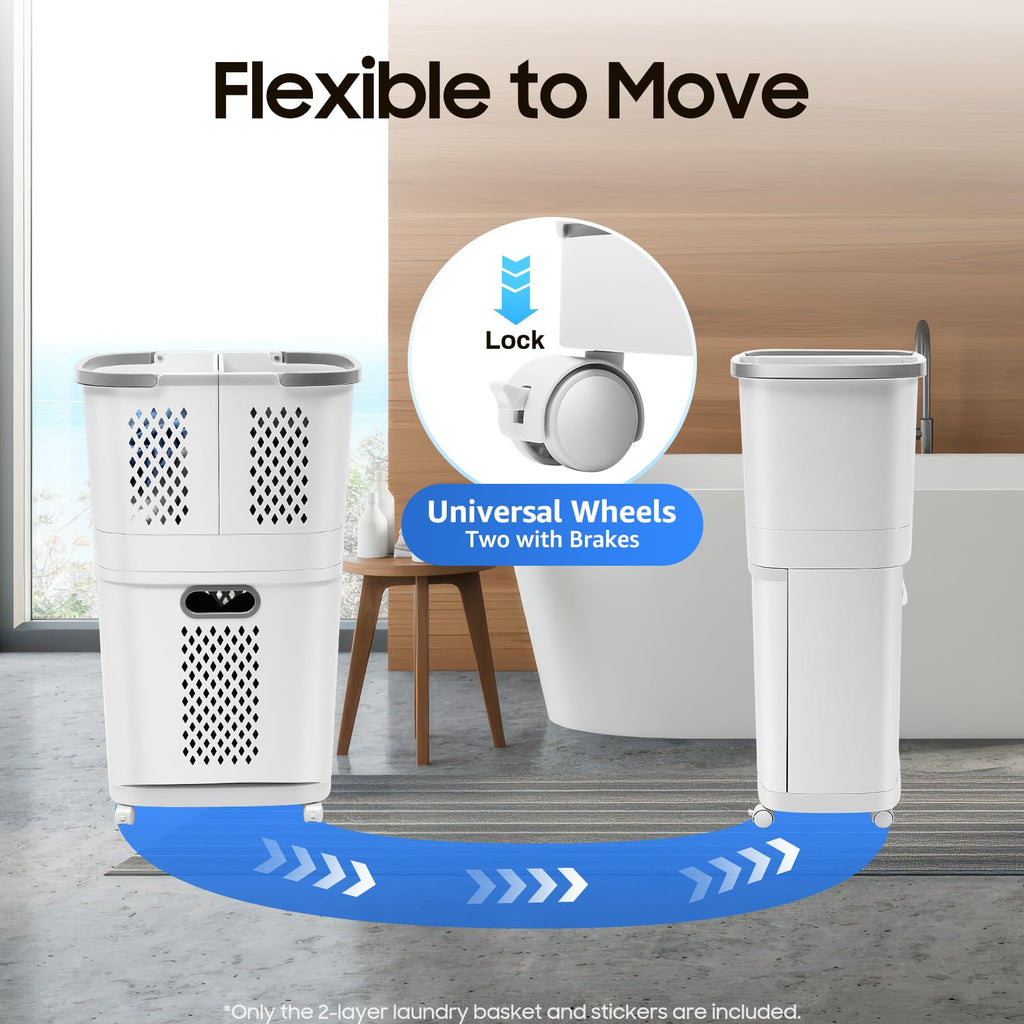 2 Tier Laundry Basket with Wheels & Handle, White Laundry Hamper Plastic 2 Section Laundry Sorter Floor-Standing