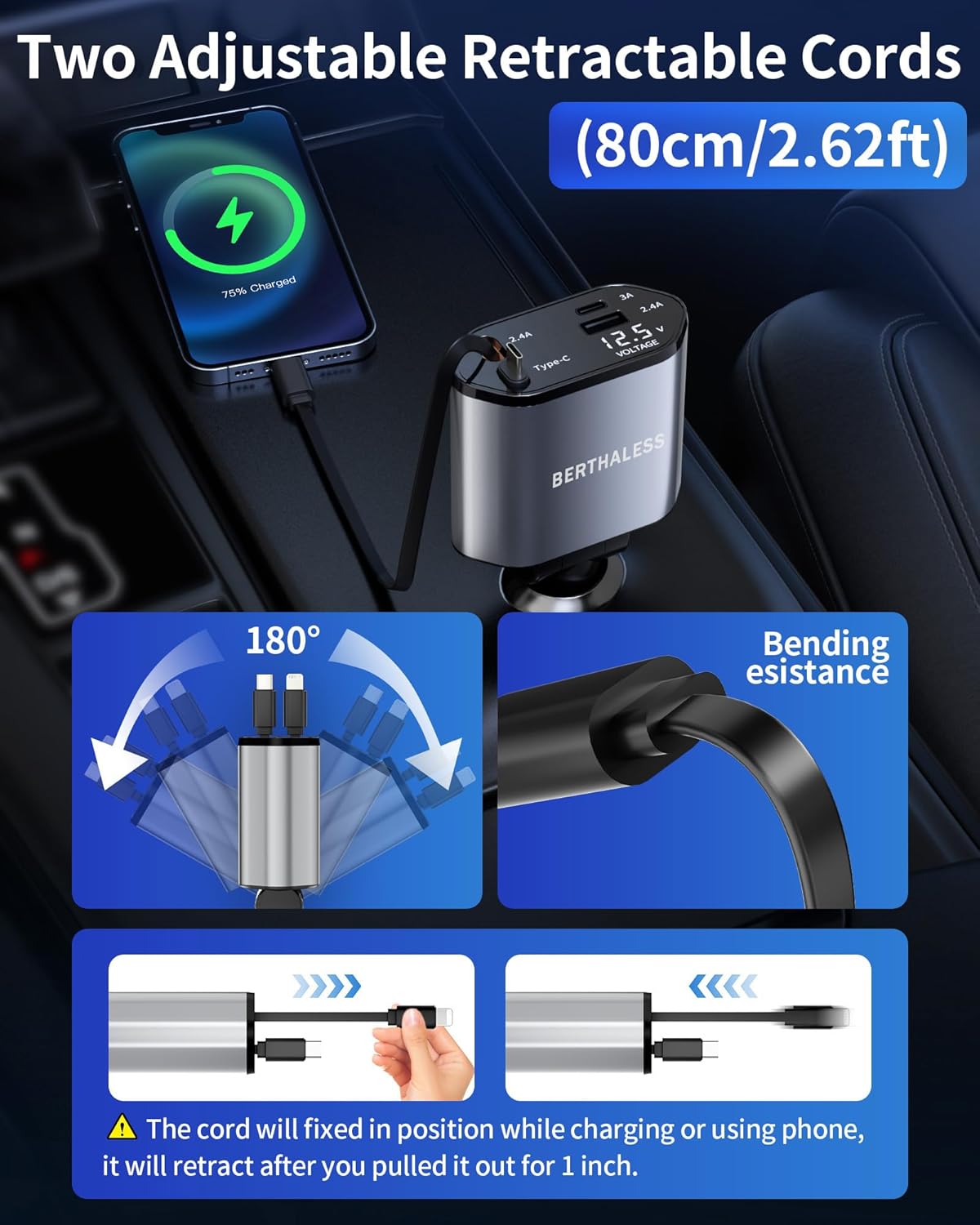 Retractable Car Charger, 4 in 1 Fast Charging Car Charger with USB-C & USB-A, Compatible with iPhone
