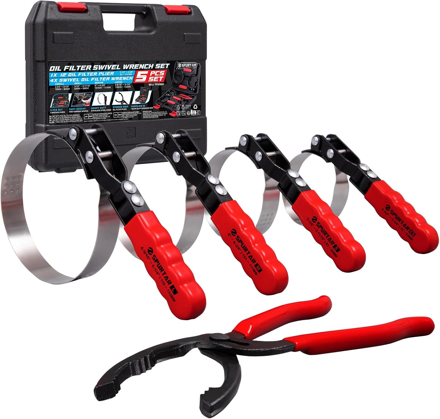 5pcs Swivel Oil Filter Wrench Set 12" Oil Filter Removal Tool | Universal for 2-3/4" to 5-1/4" 70-133mm Oil Filter
